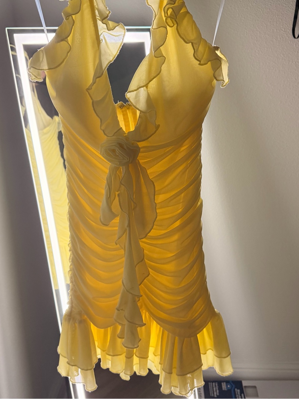 Windsor Yellow Ruffled V-Neck Halter Mini Dress